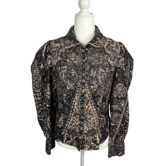 ULLA JOHNSON Blue and Cream Patterned Fine Wale Corduroy Blouse Top Size 10 - Picture 1 of 11